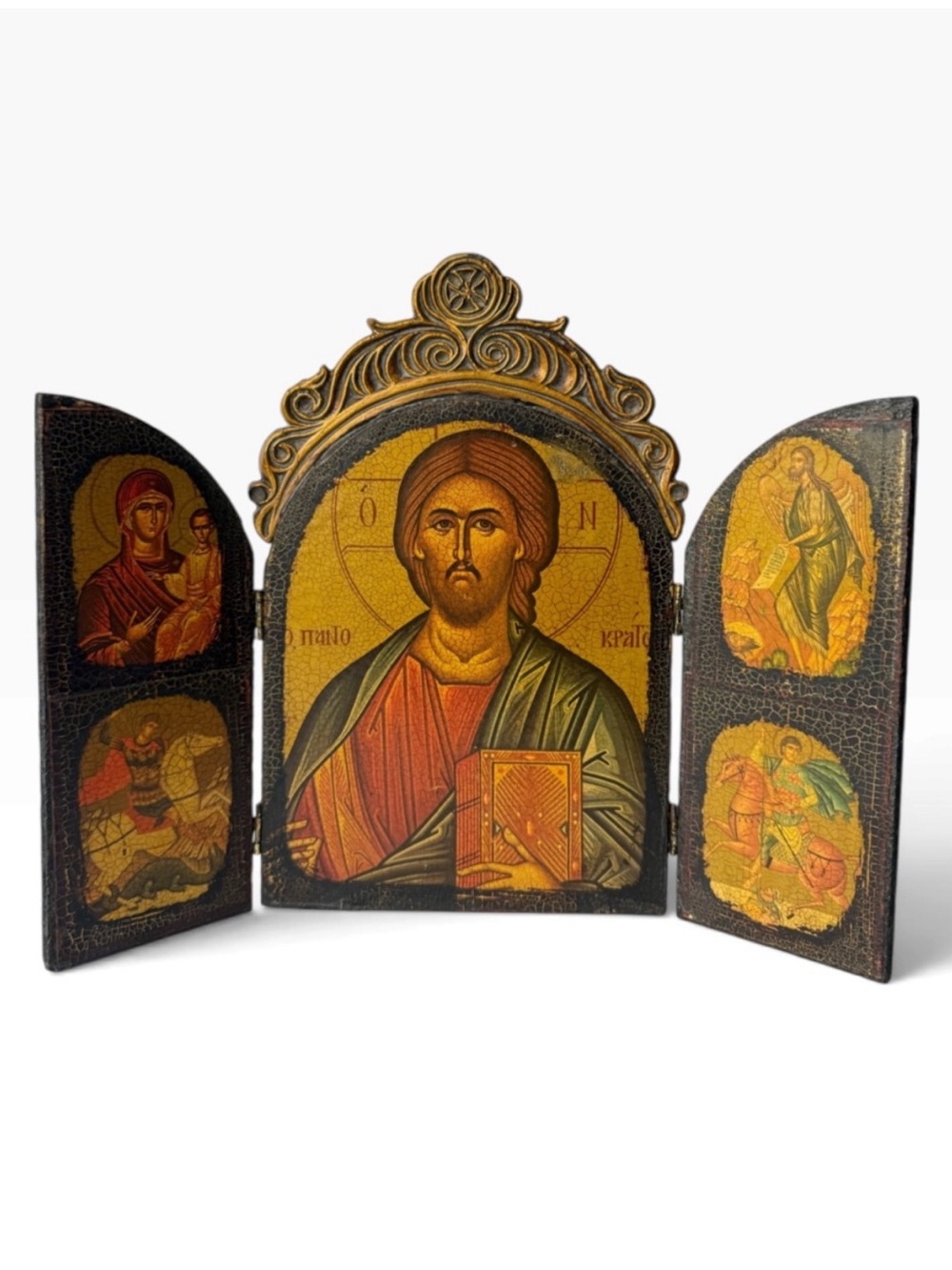 Vintage Jesus Christ Pantocrator Greek Orthodox Icons Tabletop Triptych Gilt